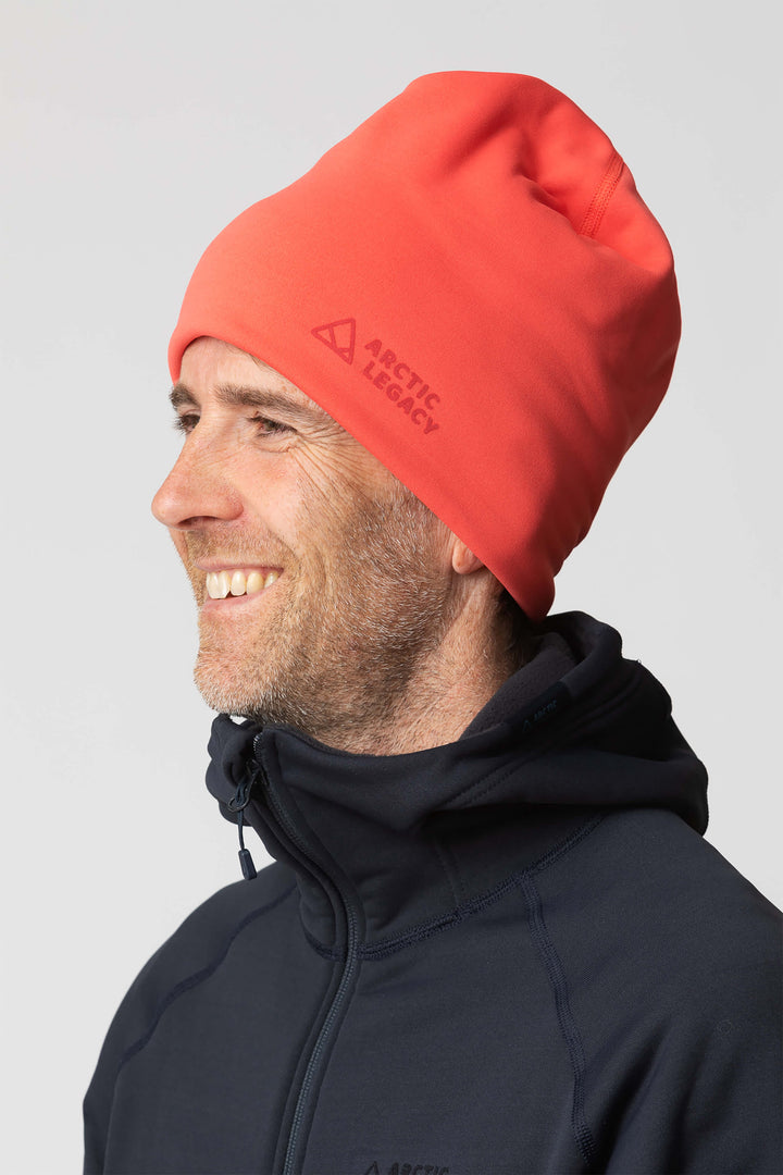 Pink red fleece hat - side view of the Arctic Legacy Nova Dual Layer Beanie#color_cayenne