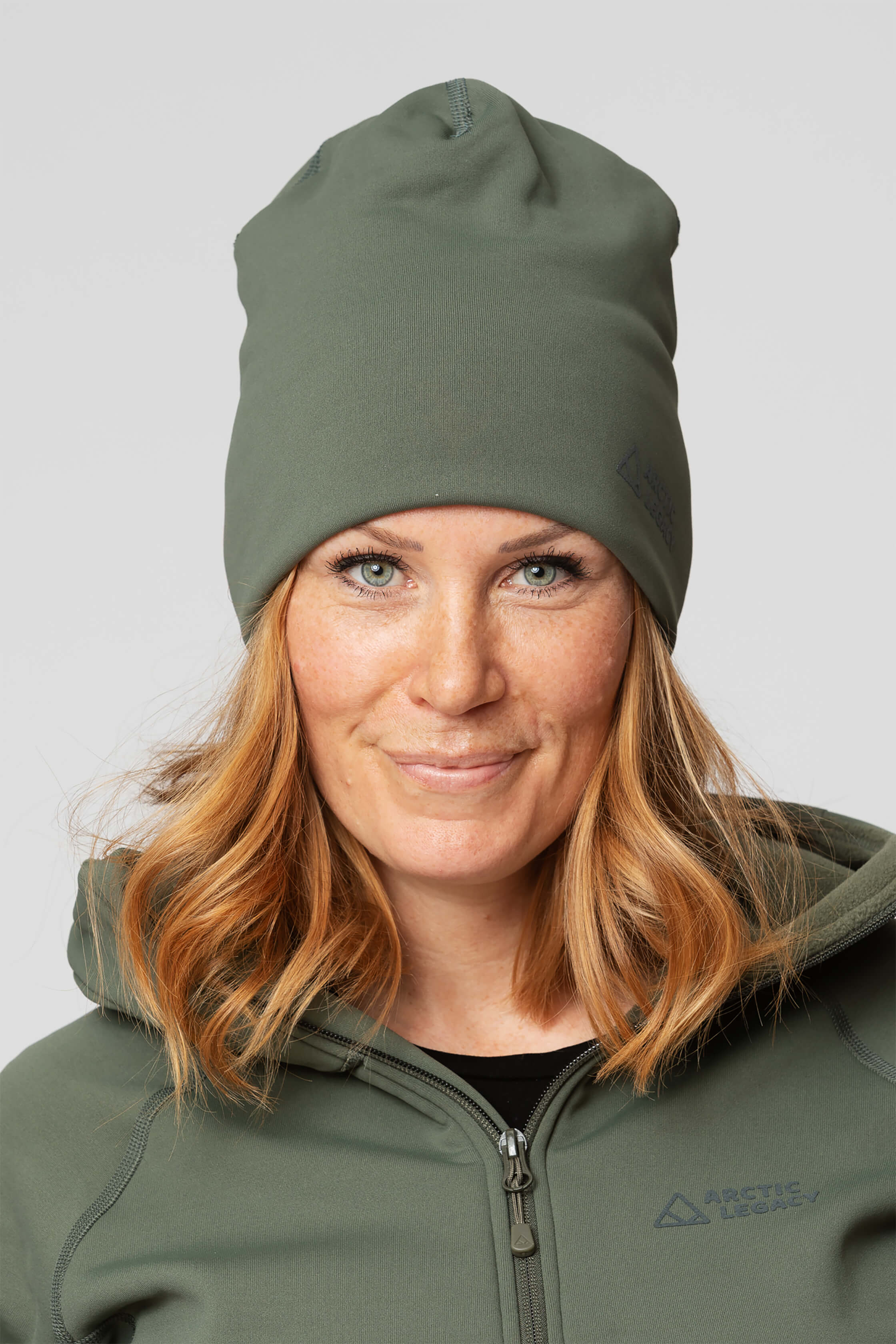 Green fleece hat - front view of the Arctic Legacy Nova Dual Layer Beanie#color_dusty-olive