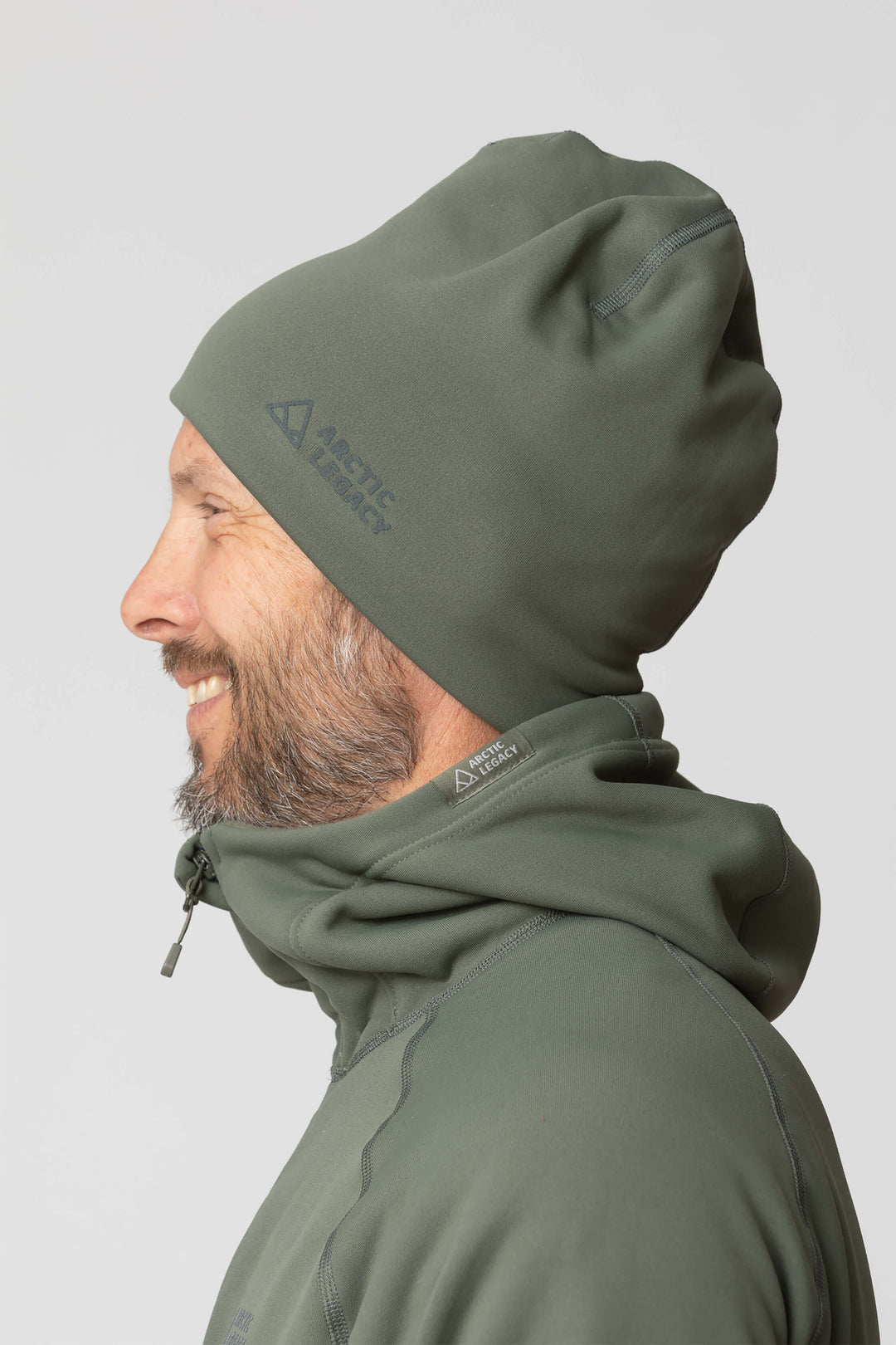 Green fleece hat - side view of the Arctic Legacy Nova Dual Layer Beanie#color_dusty-olive