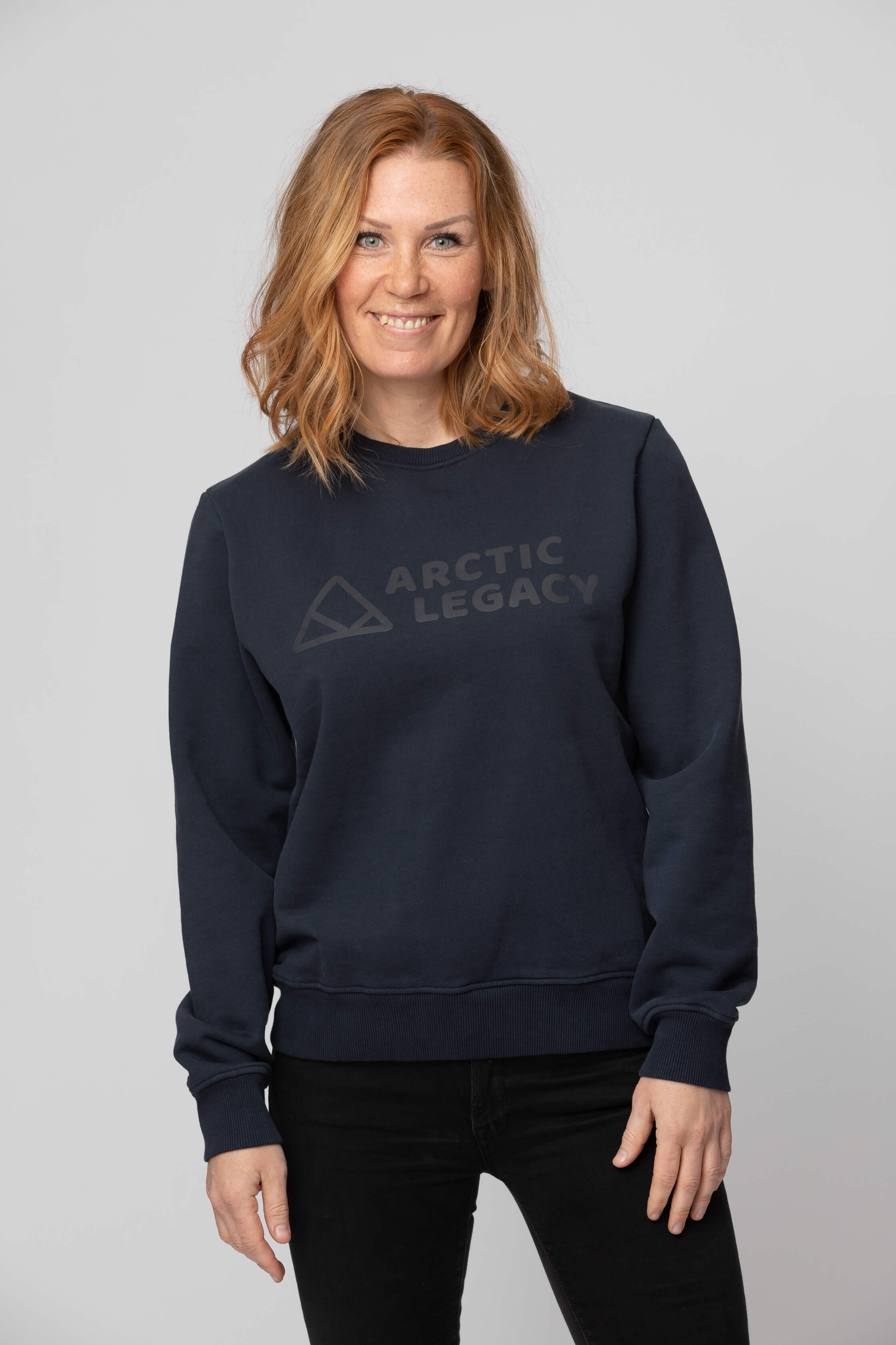 Women’s blue sweatshirt - front view of the Arctic Legacy Ember Organic Crew Sweater#color_dark-navy
