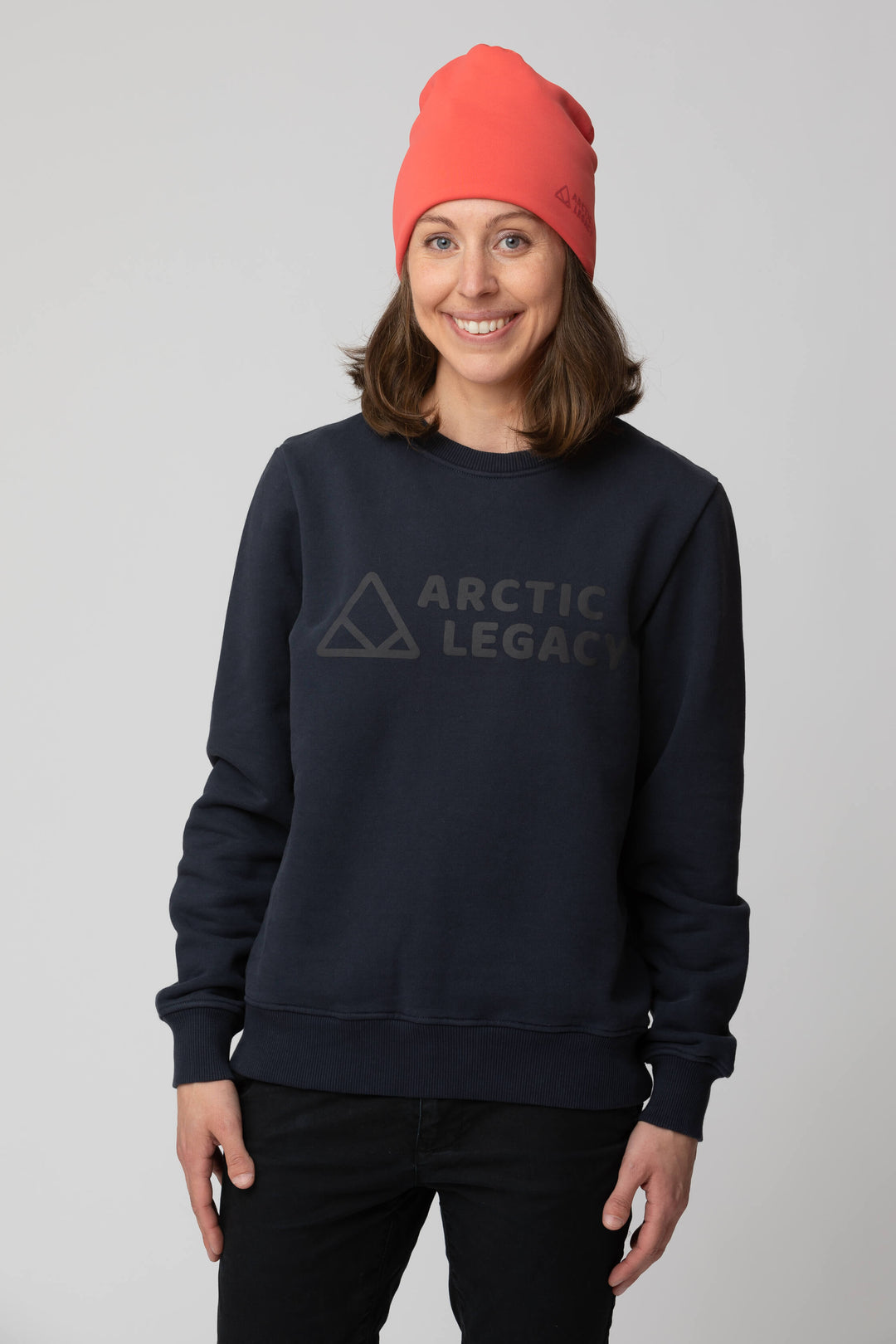 Women’s blue sweatshirt - front view of the Arctic Legacy Ember Organic Crew Sweater#color_dark-navy