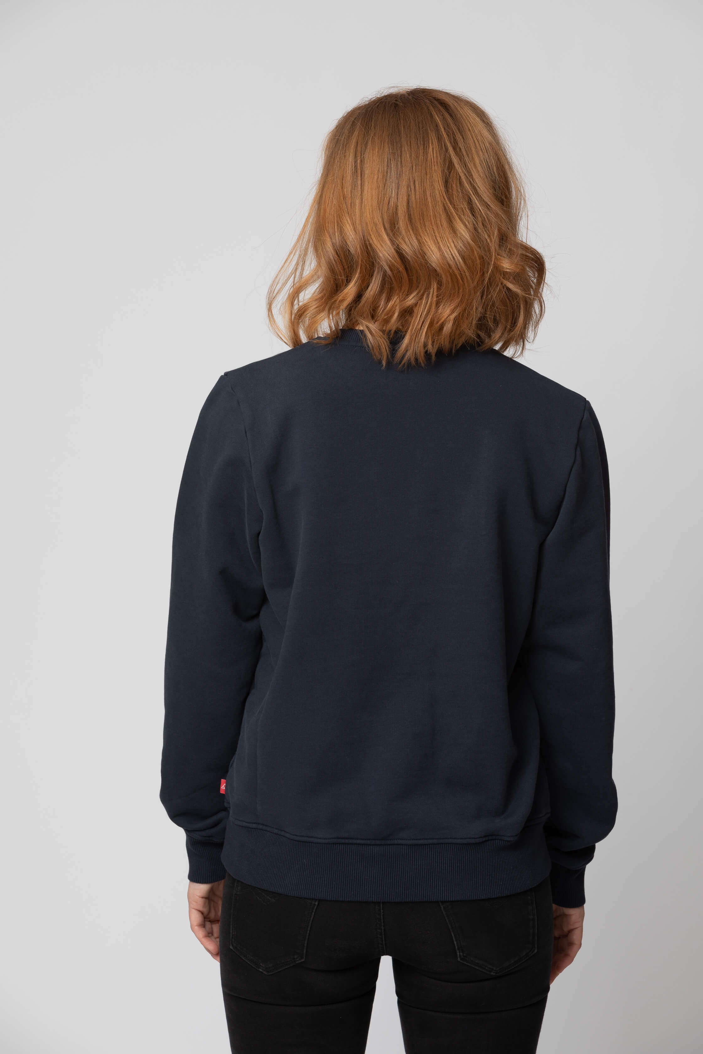 Women’s blue sweatshirt - back view of the Arctic Legacy Ember Organic Crew Sweater#color_dark-navy