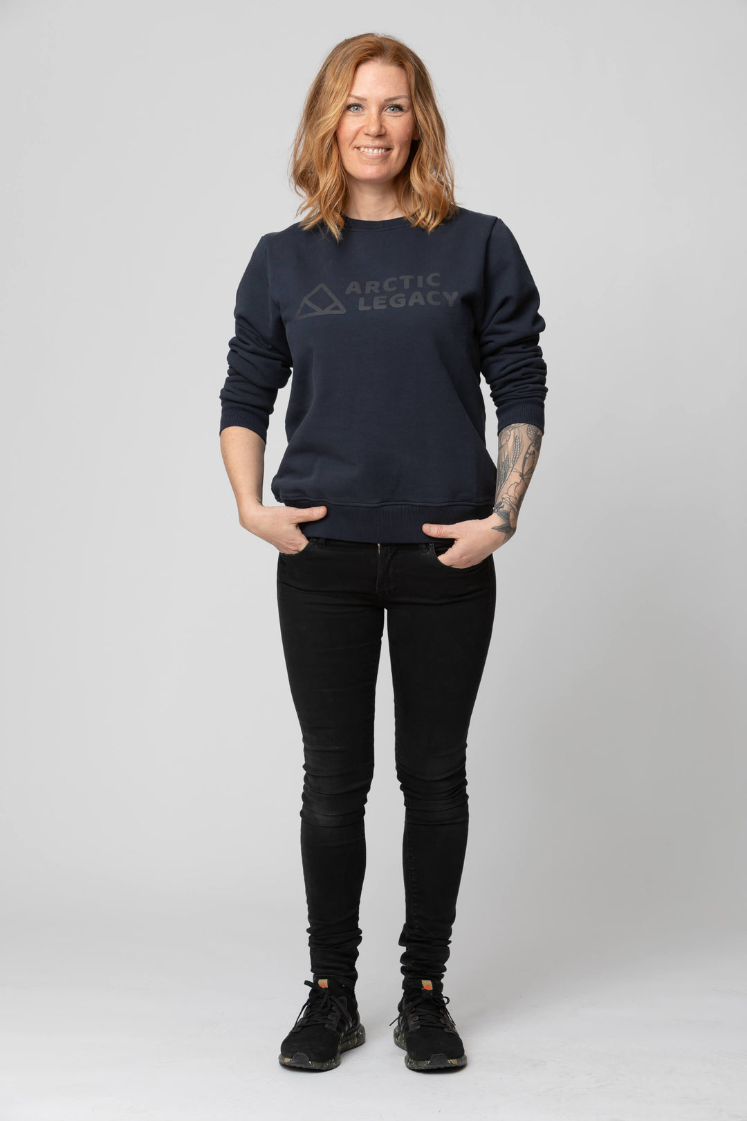 Women’s blue sweatshirt - front view of the Arctic Legacy Ember Organic Crew Sweater#color_dark-navy