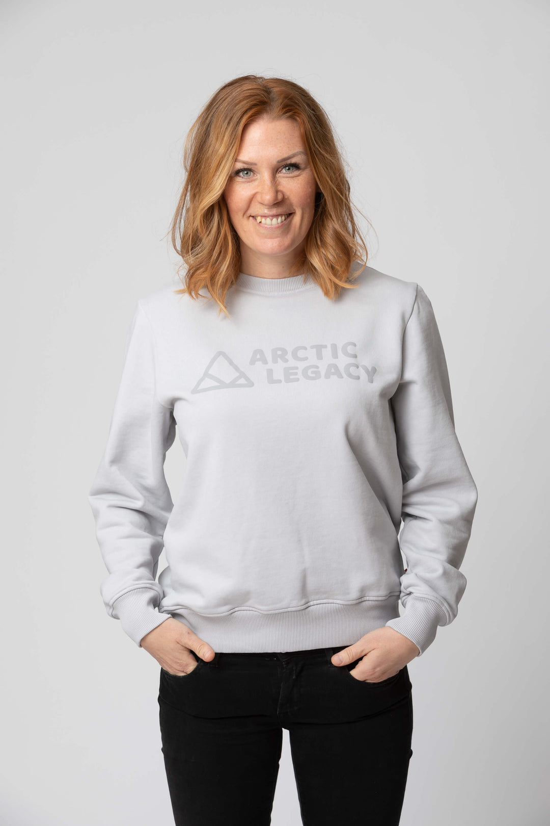 Women’s grey sweatshirt - front view of the Arctic Legacy Ember Organic Crew Sweater#color_northern-droplet