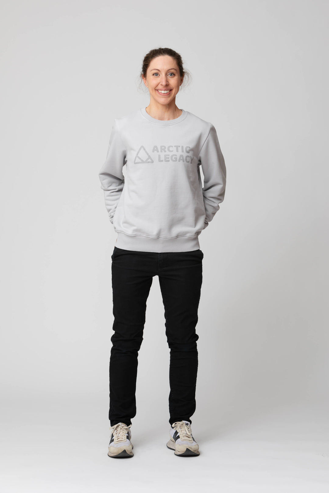 Women’s grey sweatshirt - front view of the Arctic Legacy Ember Organic Crew Sweater#color_northern-droplet