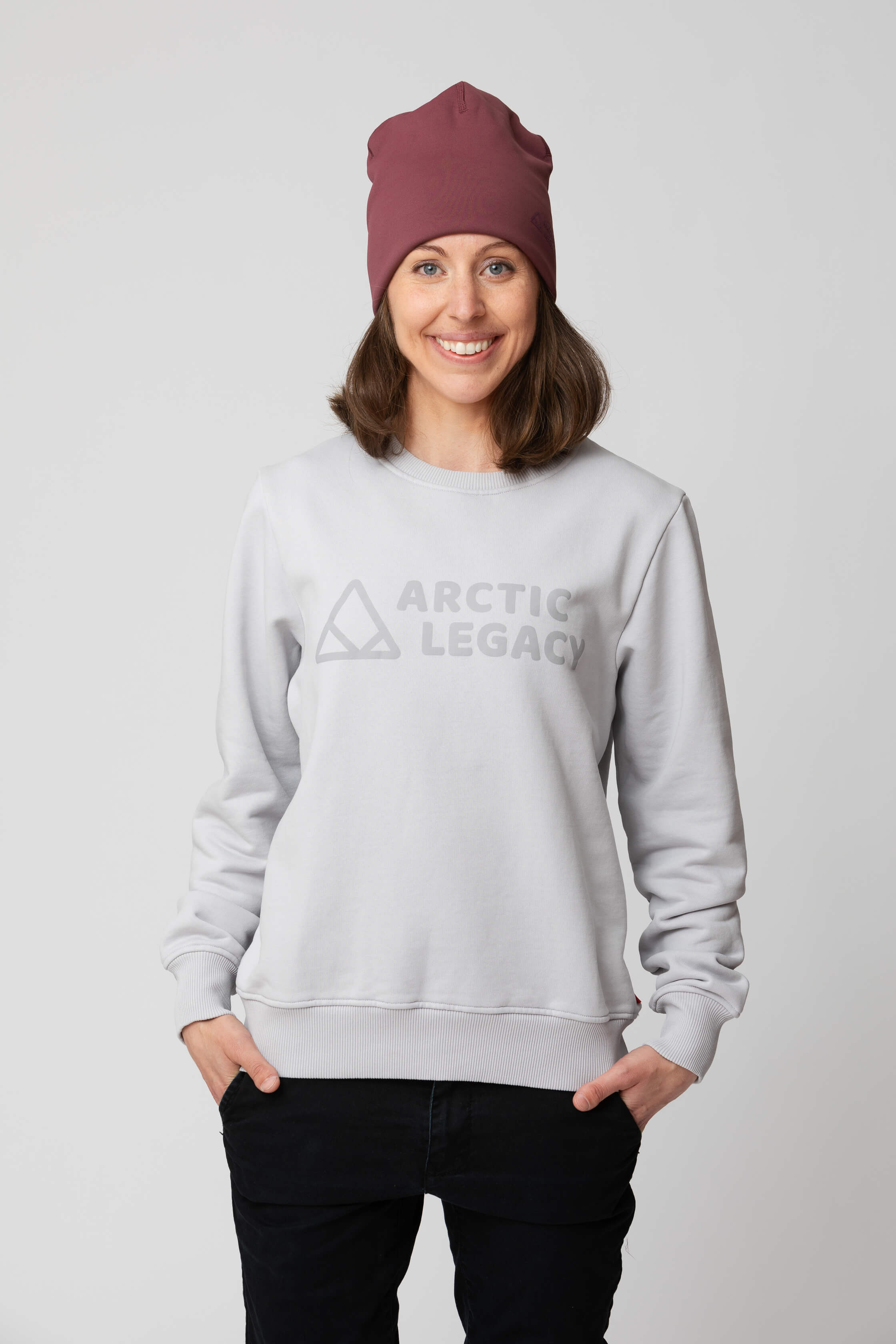 Women’s grey sweatshirt - front view of the Arctic Legacy Ember Organic Crew Sweater#color_northern-droplet