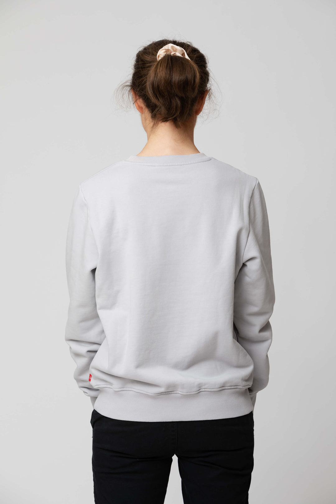 Women’s grey sweatshirt - back view of the Arctic Legacy Ember Organic Crew Sweater#color_northern-droplet