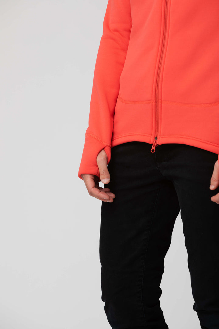 Women's pink red fleece jacket - wrist view of the Arctic Legacy Nanuk Pro Fleece Hoodie#color_cayenne