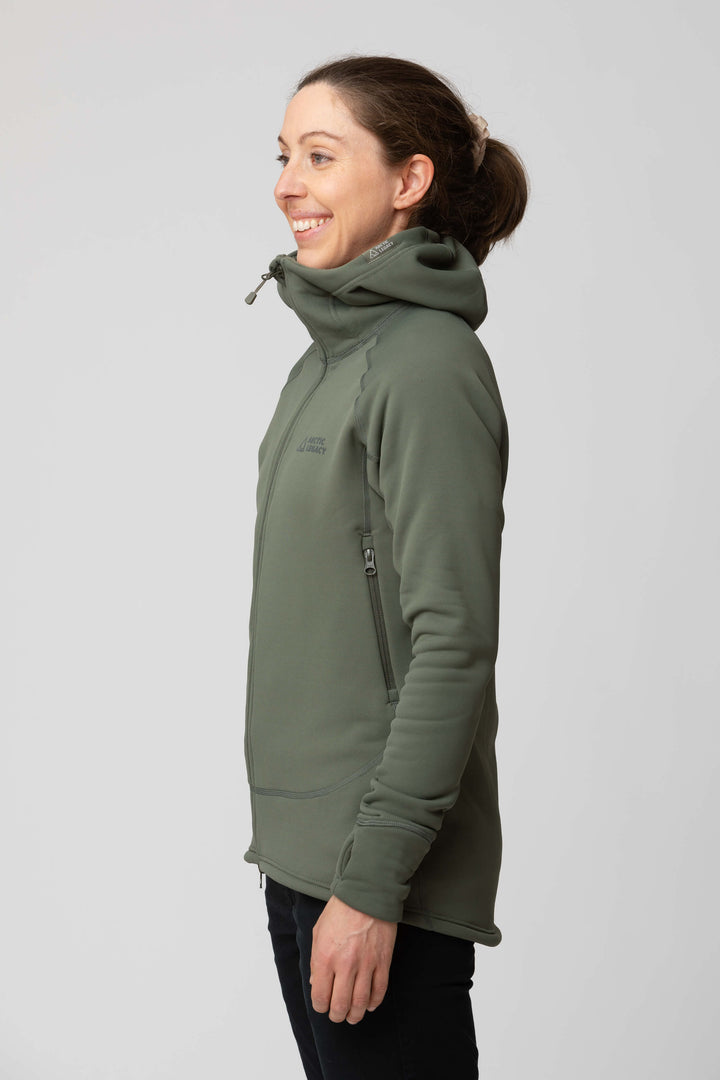 Women's green fleece jacket - side view of the Arctic Legacy Nanuk Pro Fleece Hoodie#color_dusty-olive