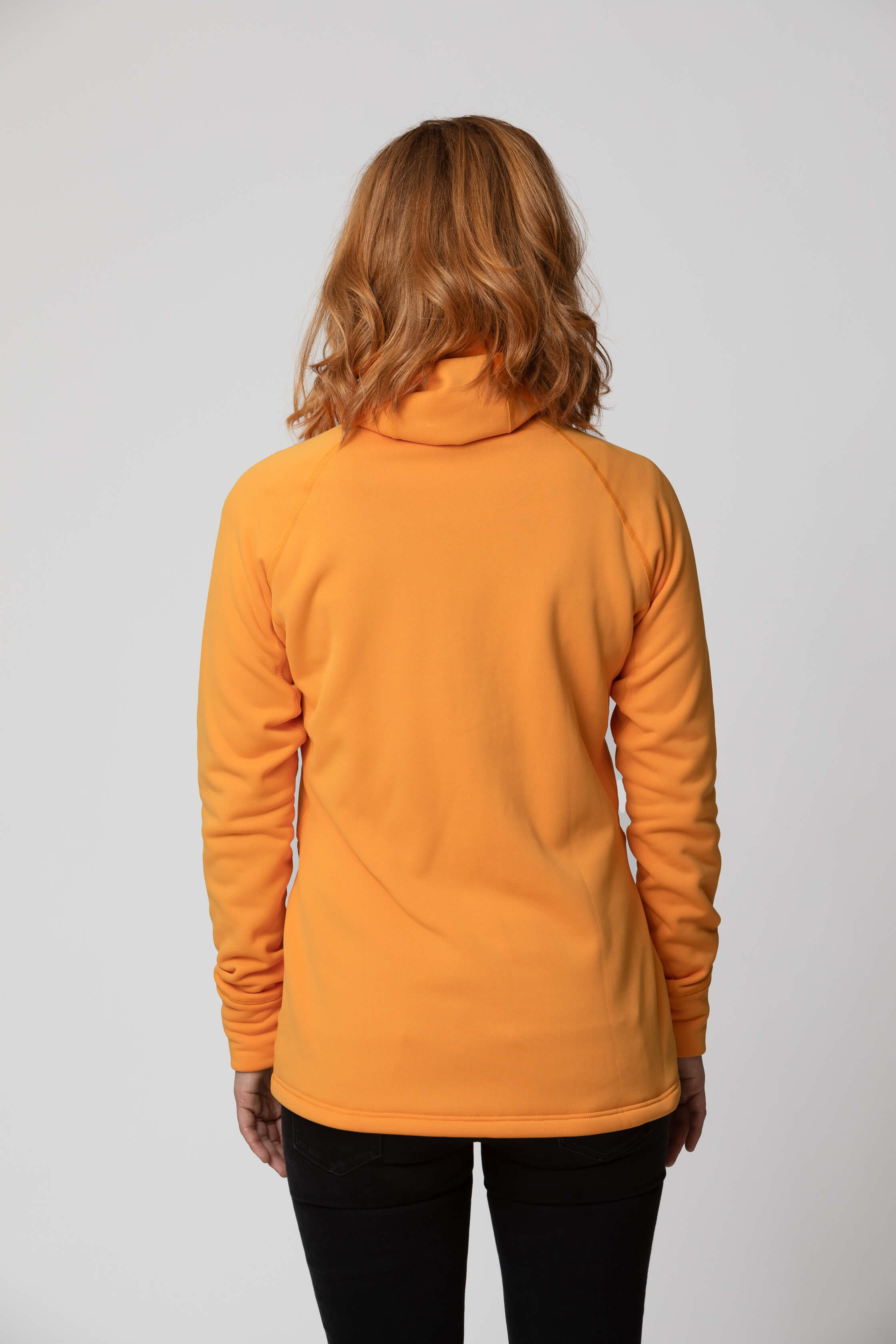 Women's orange yellow fleece jacket - back view of the Arctic Legacy Nanuk Pro Fleece Hoodie#color_zinnia