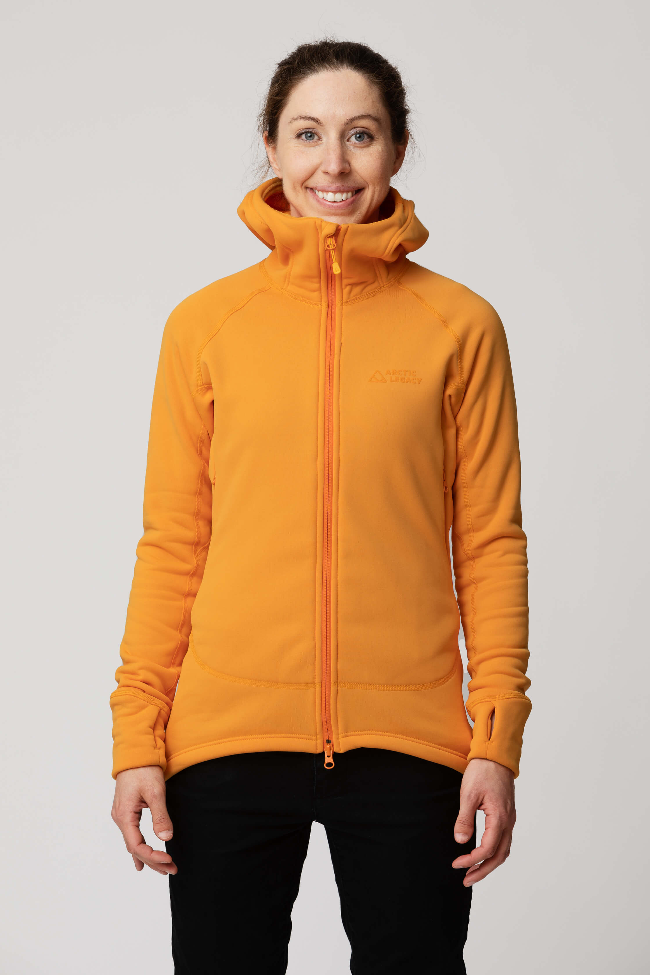 Women's orange yellow fleece jacket - front view of the Arctic Legacy Nanuk Pro Fleece Hoodie#color_zinnia