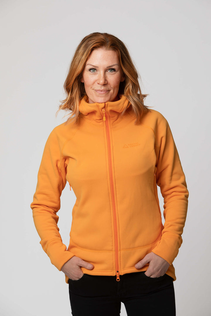 Women's orange yellow fleece jacket - front view of the Arctic Legacy Nanuk Pro Fleece Hoodie#color_zinnia