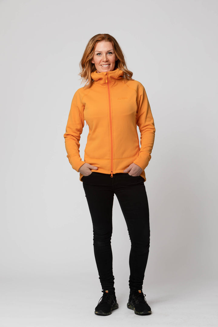 Women's orange yellow fleece jacket - front view of the Arctic Legacy Nanuk Pro Fleece Hoodie#color_zinnia